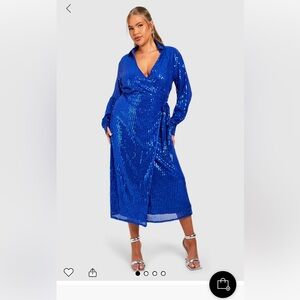 Boohoo Blue Sequin Wrap Long sleeve Maxi Dress size 16 (NWT)